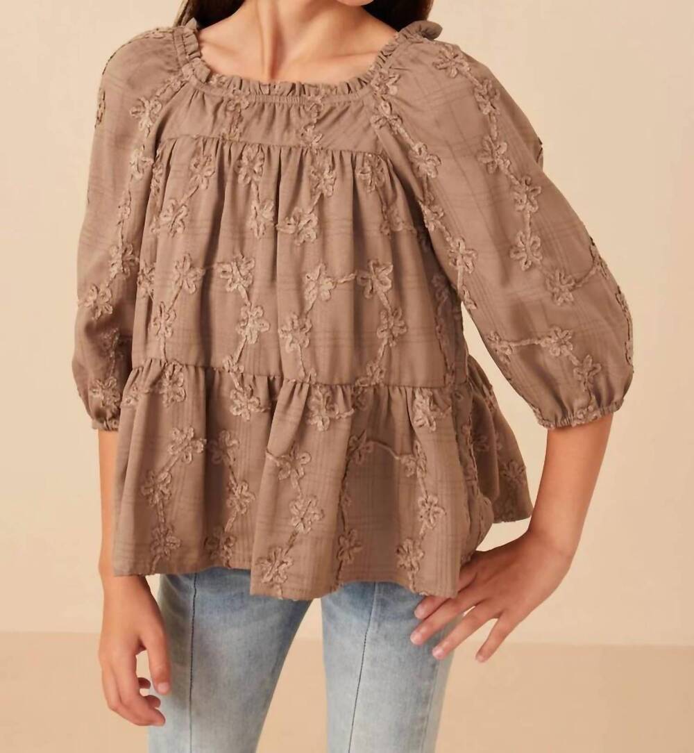 NEW HAYDEN GIRLS brushed floral puff sleeve square neck top in taupe